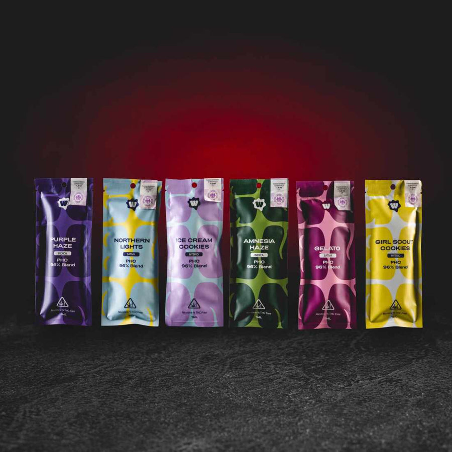 Kratom World PHC Vape 96% 1ml – Gruppenfoto aller Sorten Girl Scout Cookies, Purple Haze, Gelato, Northern Lights, Ice Cream Cookies und Amnesia Haze mit PHC