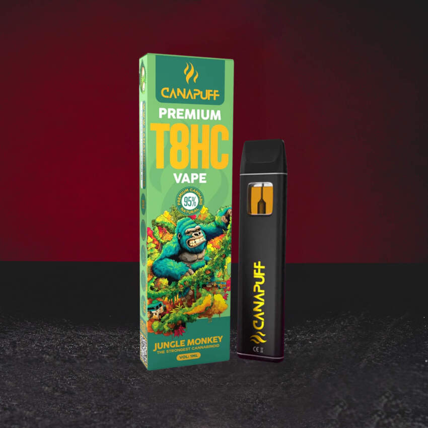T8HC Vape 1 ml Jungle Monkey, Einweg-Vape mit T8HC Cannabinoid, frisches tropisches und zitrusartiges Profil mit pflanzlichen Noten, leicht euphorischer und entspannender Charakter, ausgewogener Effekt ohne mentale Überlastung, Kratom World Verkauf wegwerp vape met T8HC cannabinoïde, fris tropisch en citrusprofiel met kruidachtige tonen, licht euforisch en ontspannend karakter, uitgebalanceerd effect zonder mentale overbelasting, Kratom World verkoop perfil fresco tropical y cítrico con notas herbales, cará