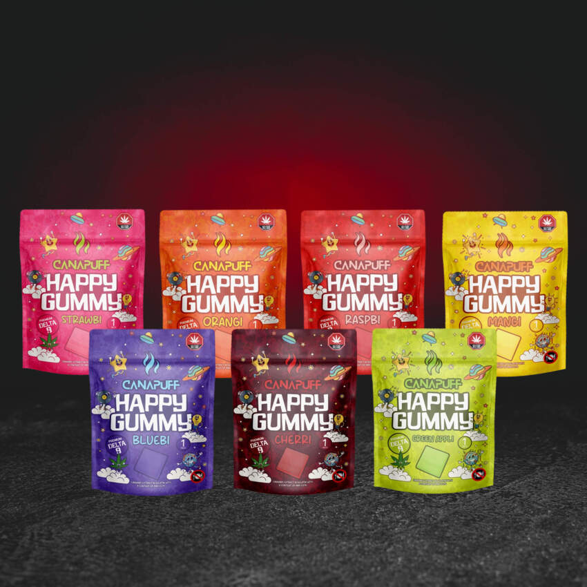 TH Happy Gummy – Kollektion aus sieben fruchtigen Varianten Raspbi, Strawbi, Bluebi, Mangi, Cherri, Green Appli und Orangi mit dem Cannabinoid TH premium hennepfruitgelei met frambozensmaak en cannabinoïde TH gelatina premium de cáñamo con sabor a cereza y cannabinoide TH